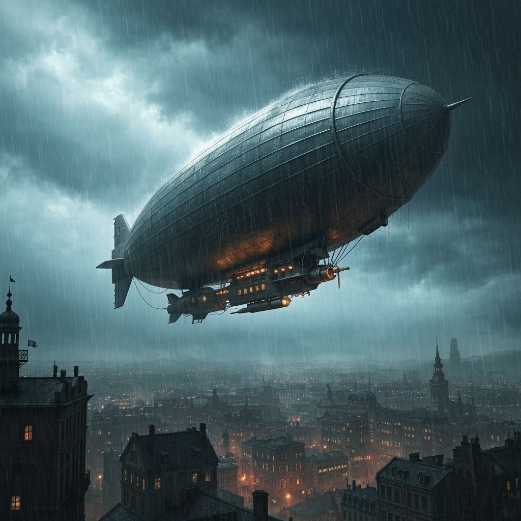 Steampunk Zeppelin Over Stormy Cityscape: Cinematic Matte Pa...