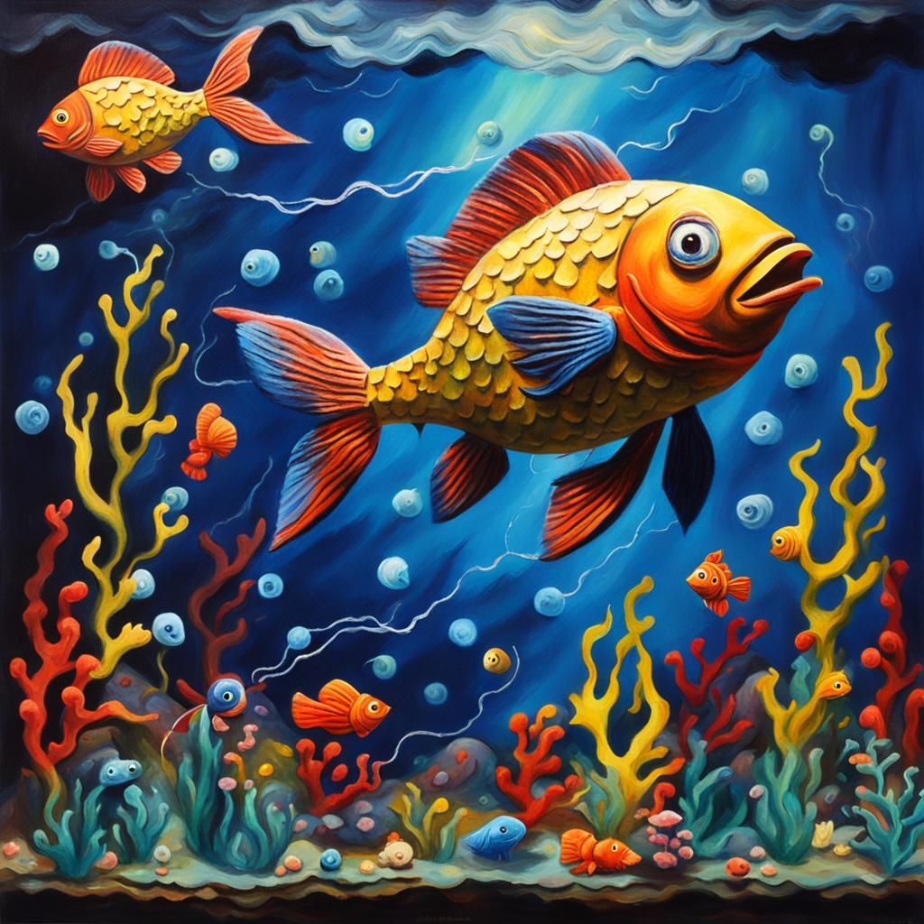 Claymation Fish in Underwater Oil Painting Scene