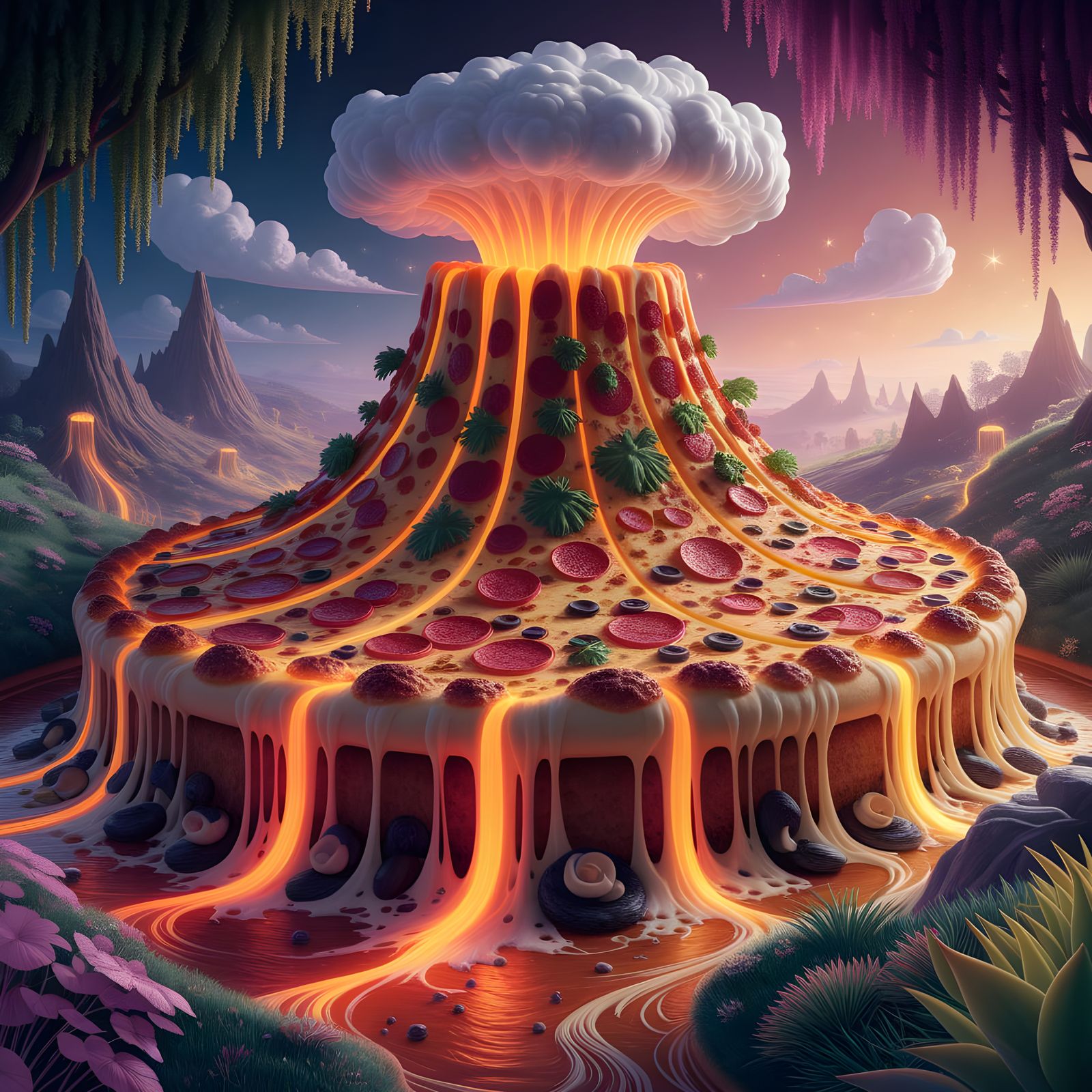 Pizza Volcano Eruption in Whimsical Digital Painting