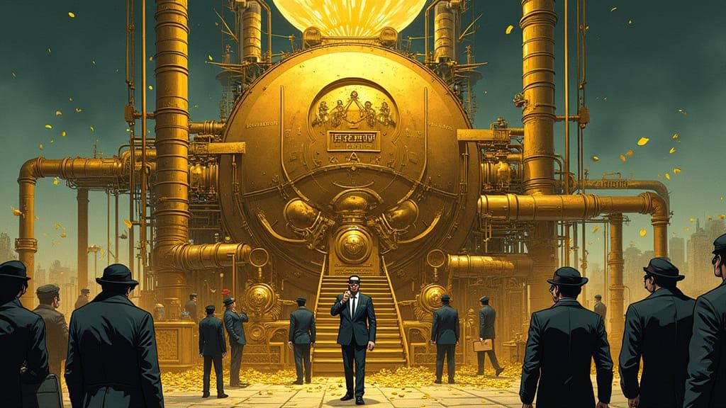 Dystopian Corporate Machine in Graphic Novel Style