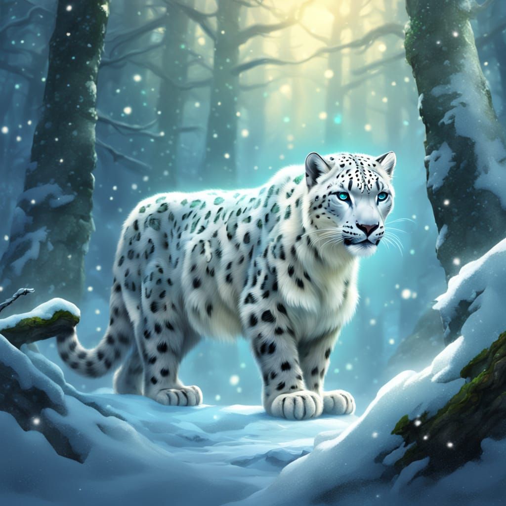 Giant Snow Leopard Stalking Through Magical Forest