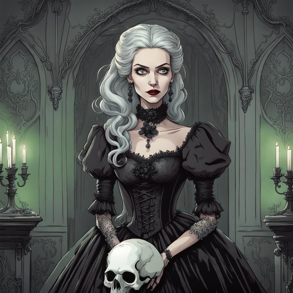Gothic Woman Poses with Skull in Burton Style