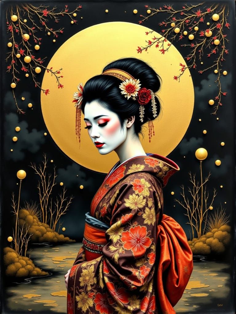 Geisha in Zen Garden at Night - Tarot Style