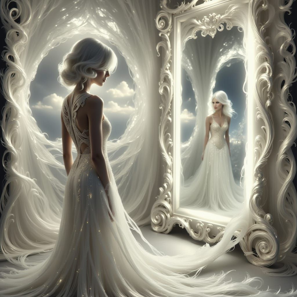 Elegant Lady's White Dream in Art Deco Ballroom