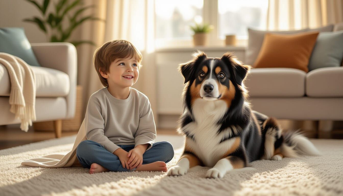 Boy Shows Abaya to Dog, Hyperrealistic Digital Art