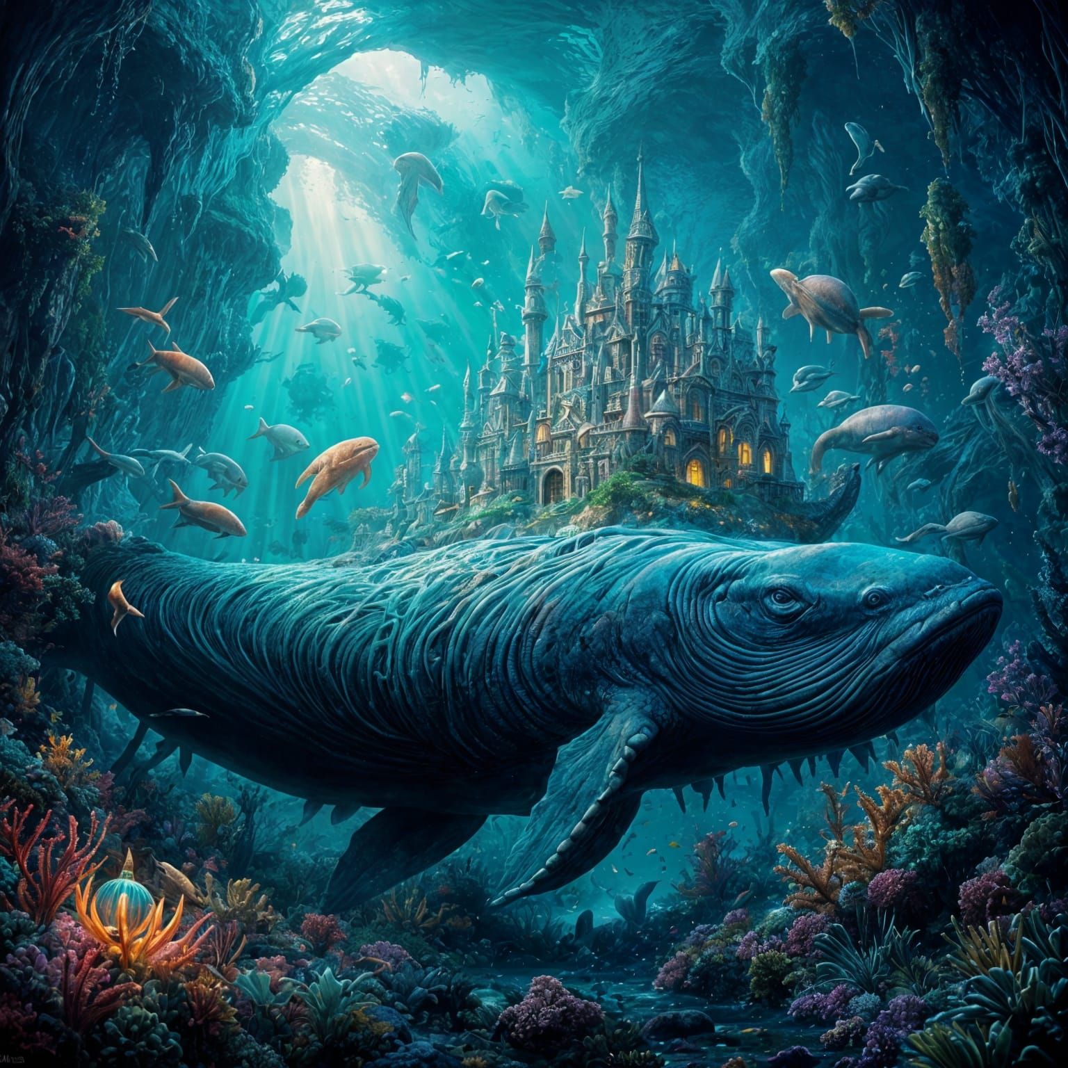 Atlantis on Whale Back in Fantasy Landscape