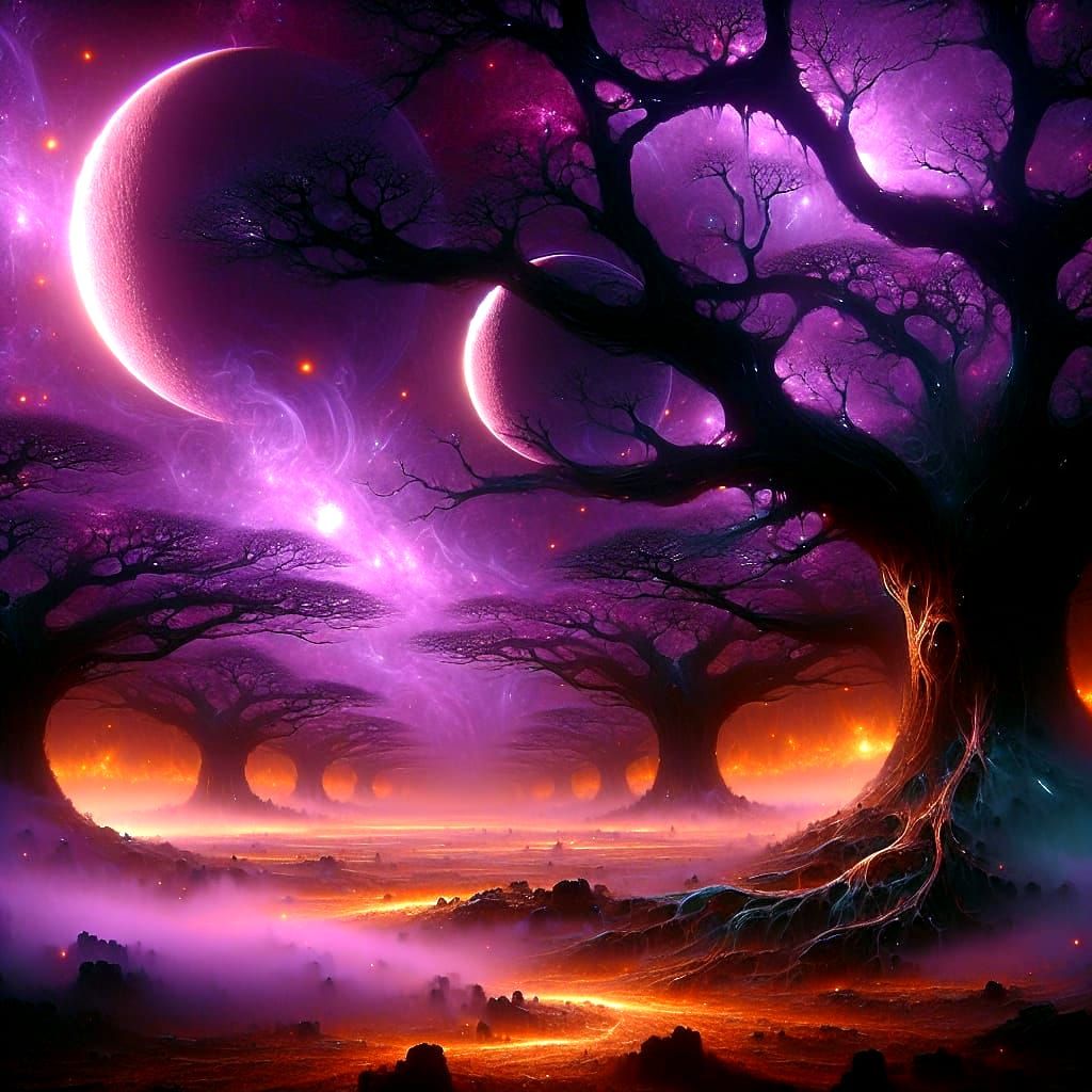 Surreal Galactic Landscape in Dark Purple and Gold