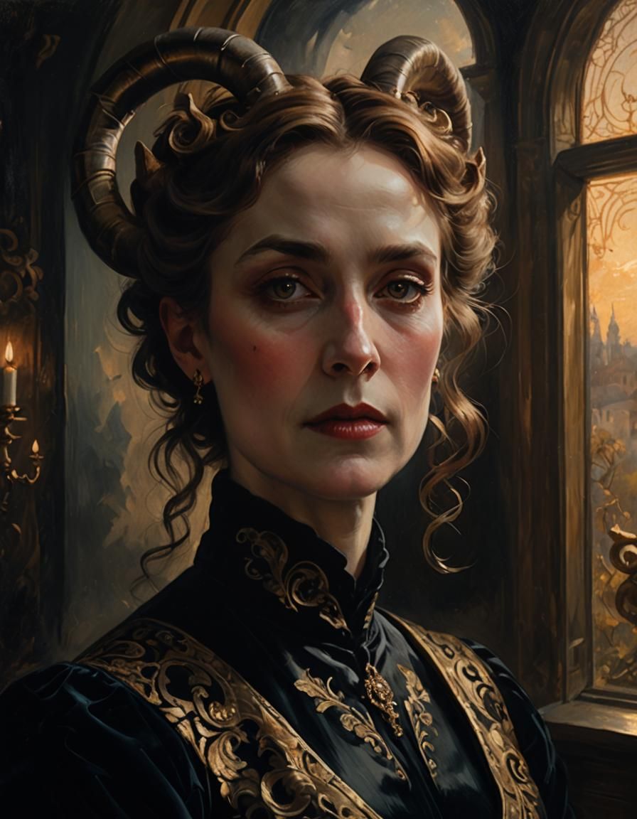 Victorian Lady with Ram Horns: Dark Fantasy Portrait