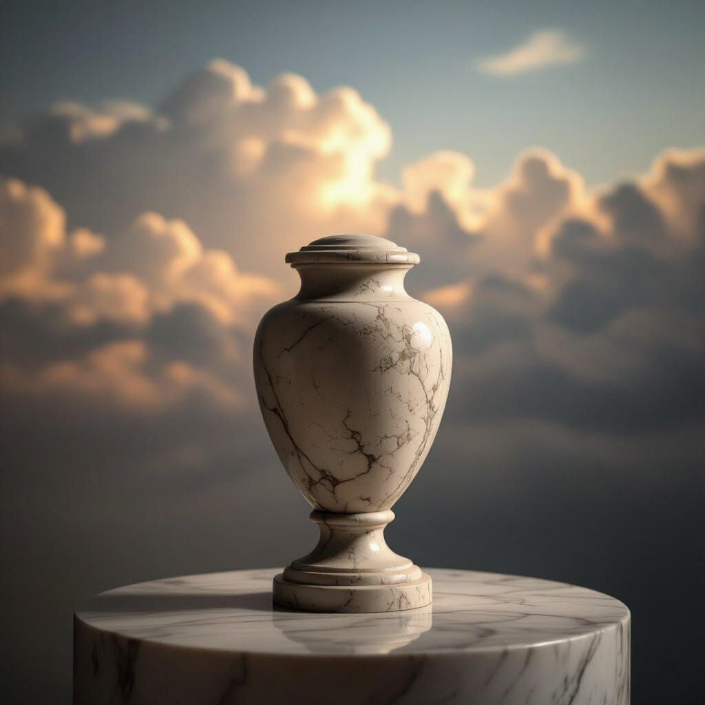 Ethereal Cremation Urn on Marble Pedestal, Peaceful Transiti...