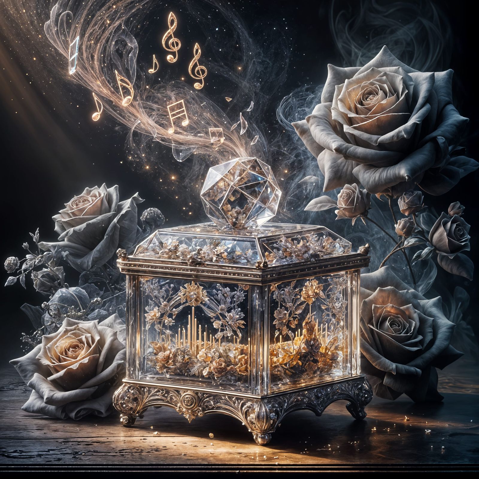 Crystal Music Box with Smoky Roses in Neo-Romantic Style