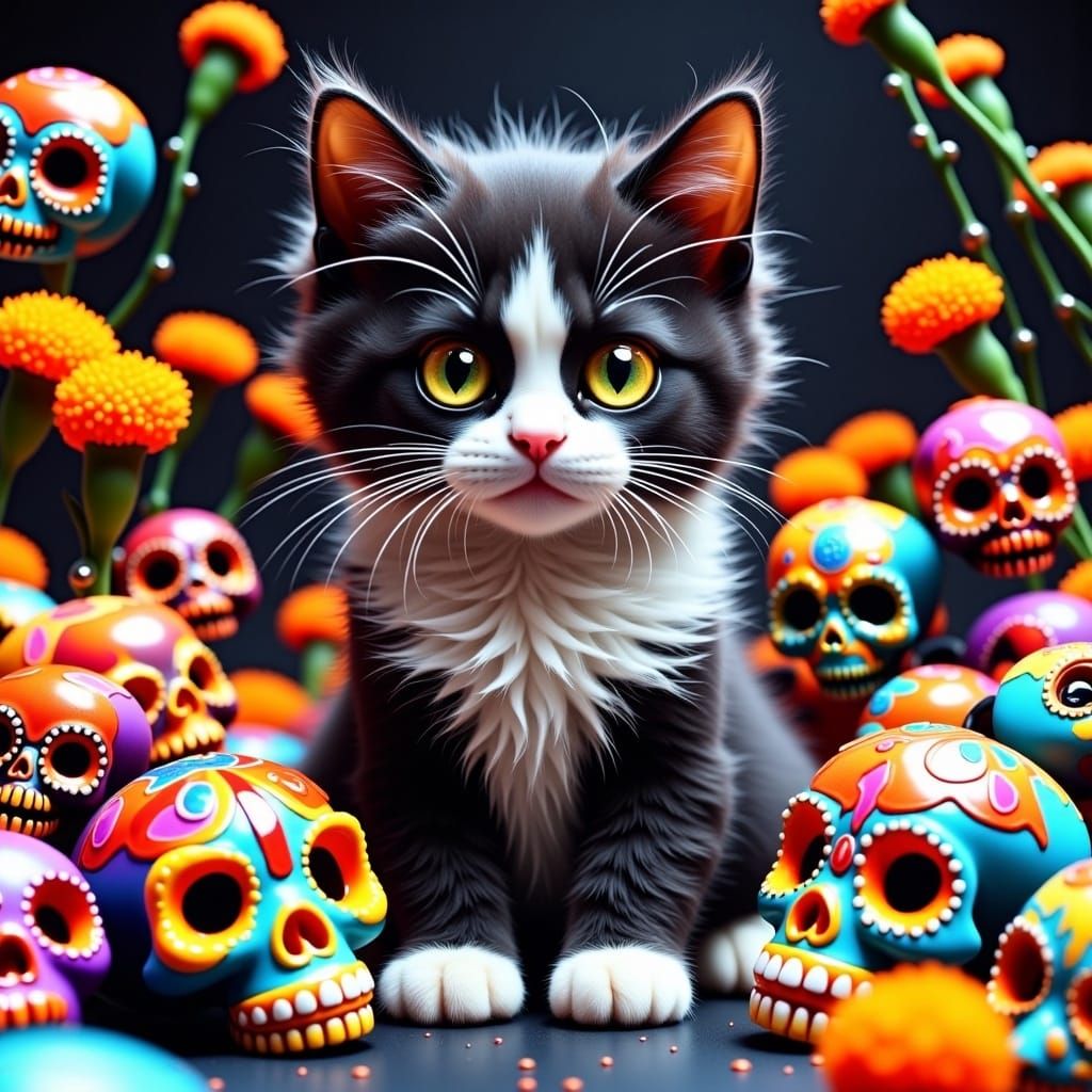 Cute Kitten Plays with Sugar Skulls