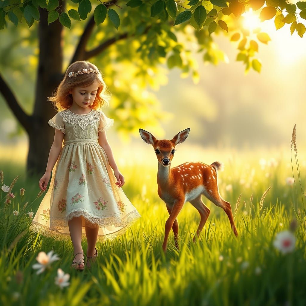 Gentle Girl Strolls with Fawn in Lush Meadow Landscape