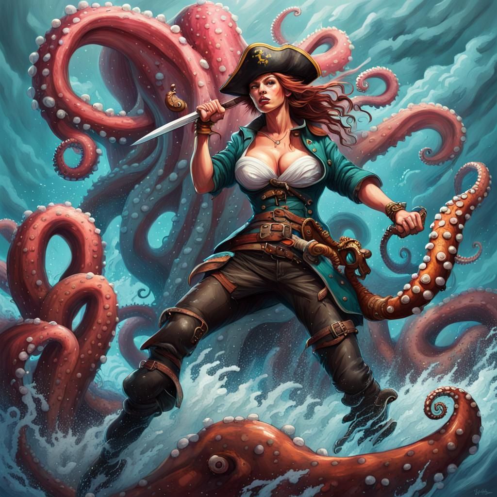 Pirate Captain vs Octopus Sea Monster in Graffiti Art