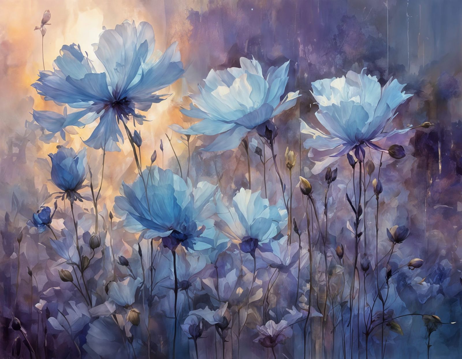 Ethereal Blue Flowers in Soft Purple Evening Light