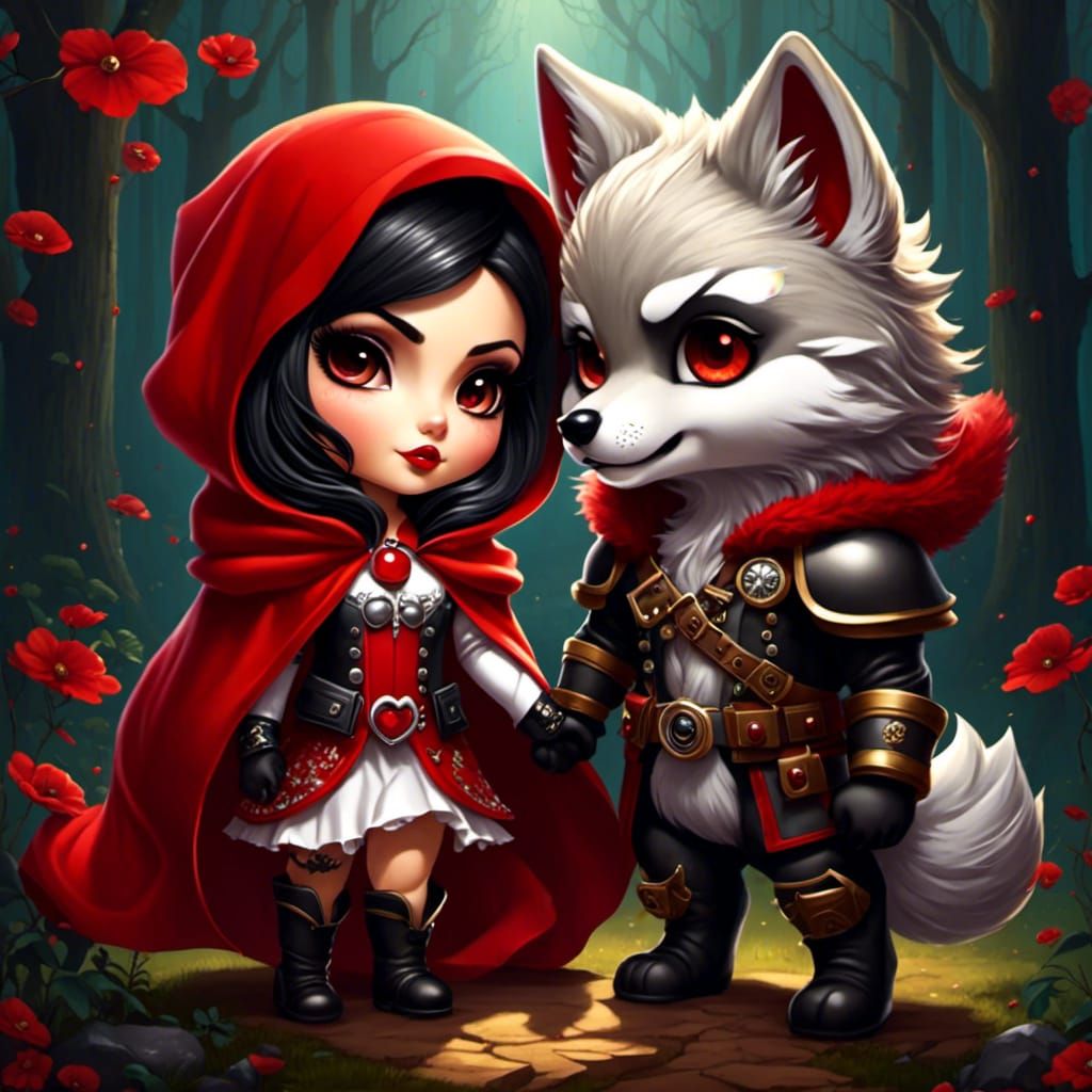 Chibi Red Riding Hood and Wolf Illustration