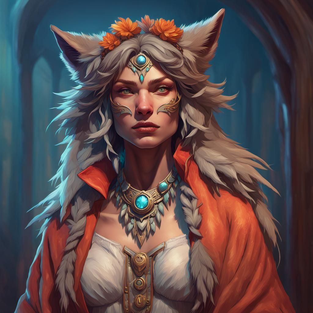 Furry Wolf Woman Portrait in Art Nouveau Style