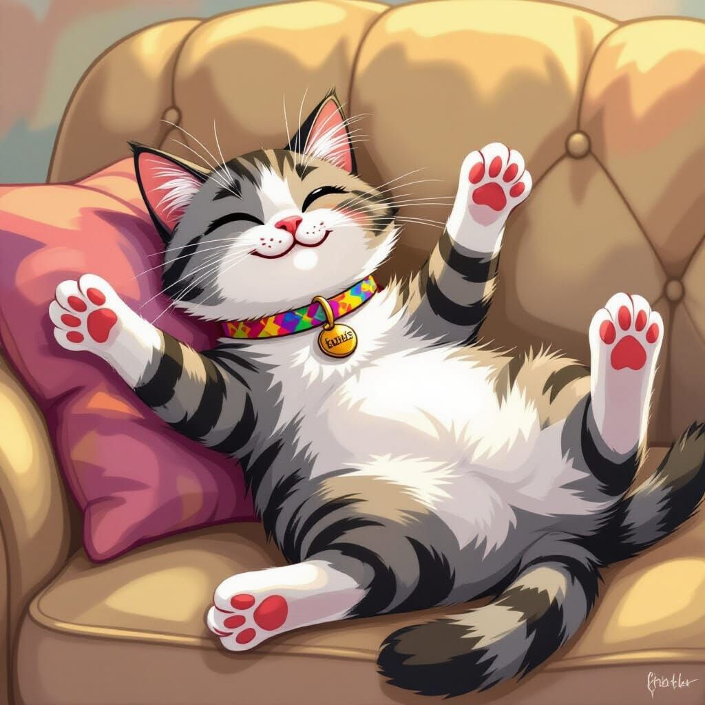 Smiling Cat with Paws Up in Cartoon Style