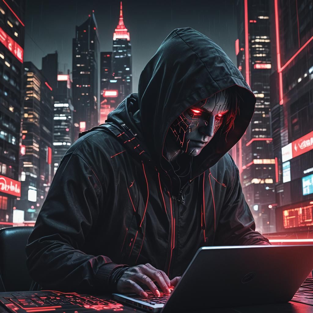 Dark Digital Art: Hacker in Dystopian Cityscape