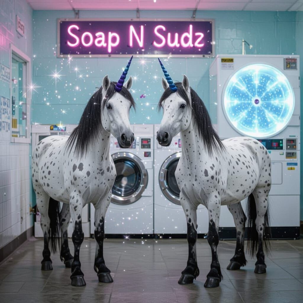 Unicorns in Laundromat with Obsidian Horns