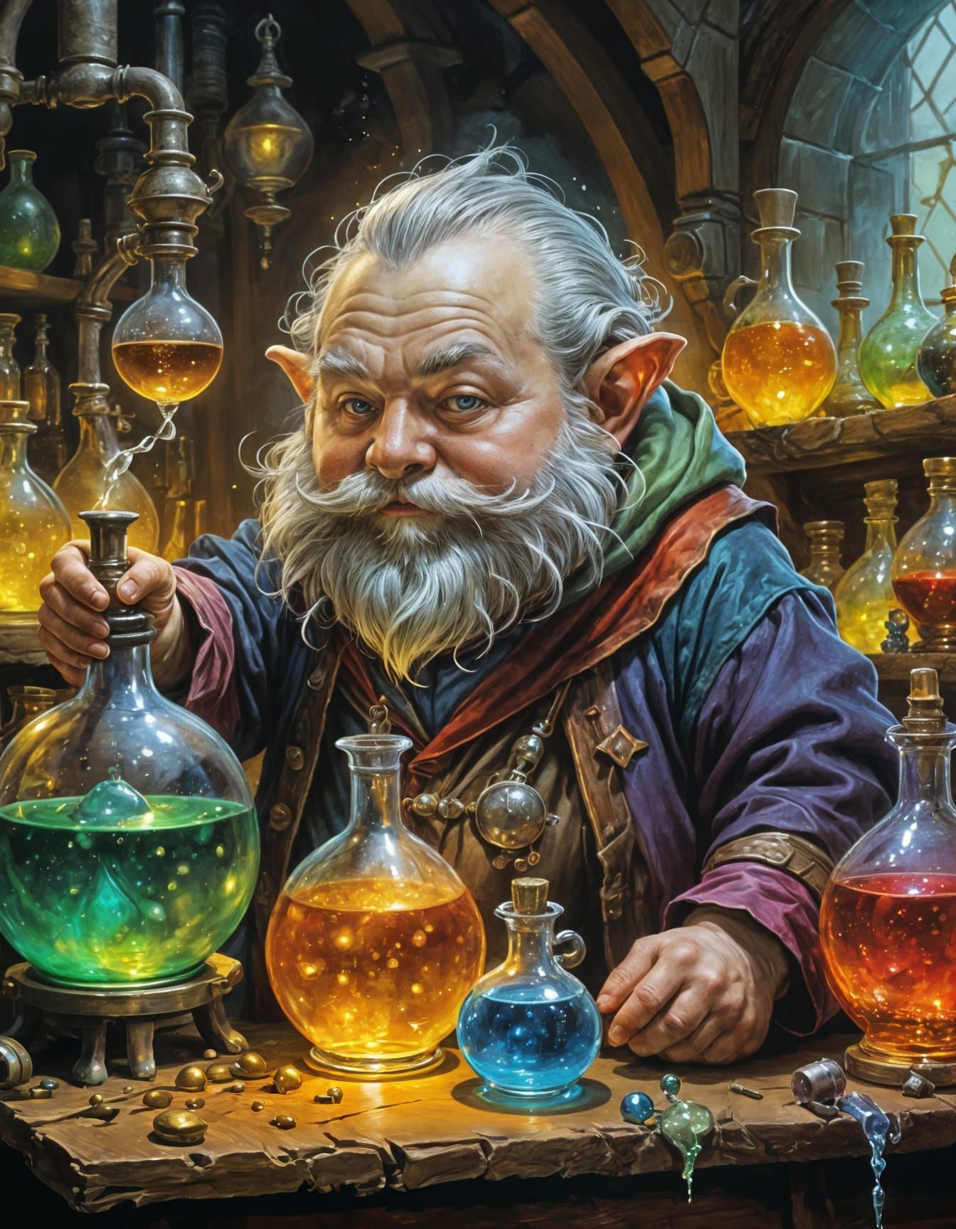 Charming Gnome Alchemist Examining Colorful Potions