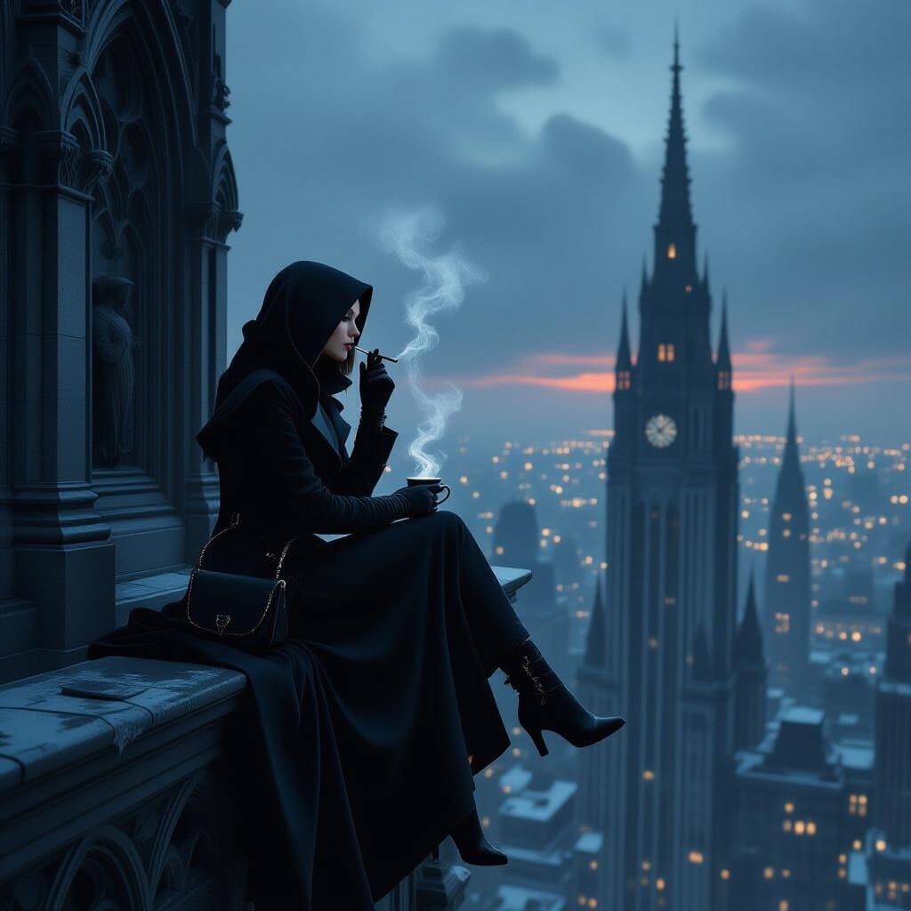 Gothic Skyscraper Coffee Break in Dystopian Style