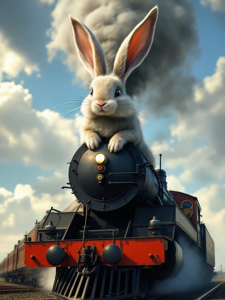 Giant Rabbit Rides a Steam Train, Surreal Art