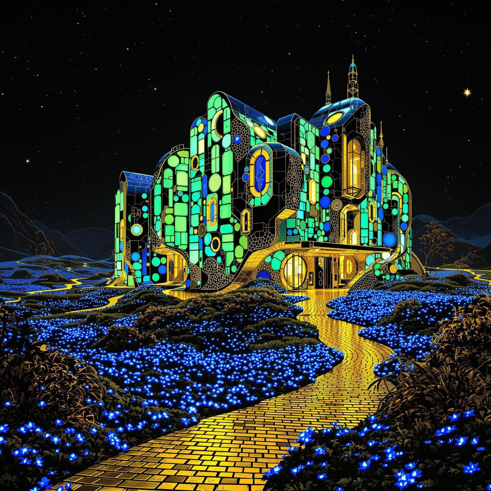 Gustav Klimt-Inspired Science Fiction Mansion Under Starry N...