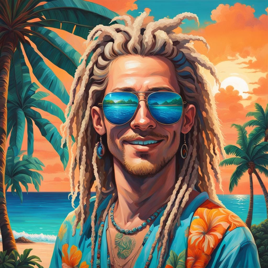 Happy Hippy on Tropical Beach in Synthwave Style