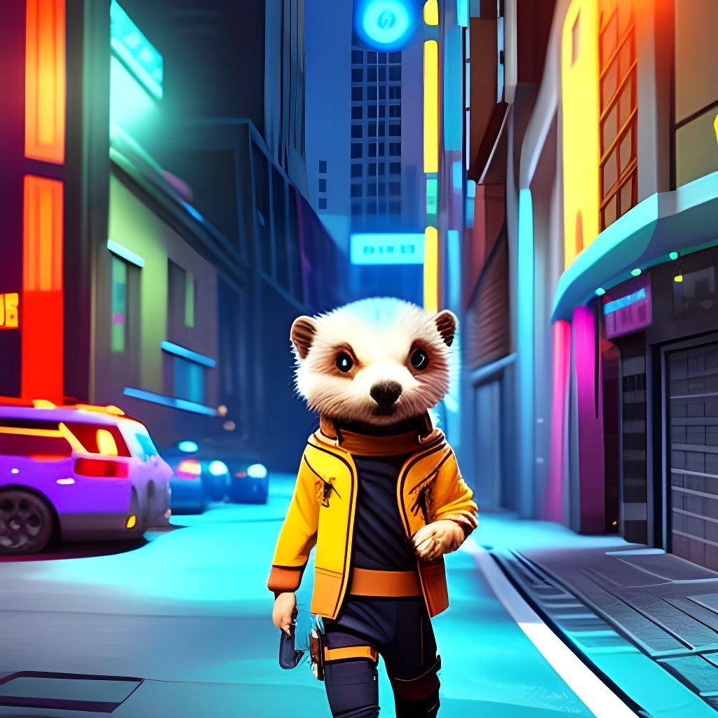 Cyberpunk Otter Ambling Through Neon Cityscape