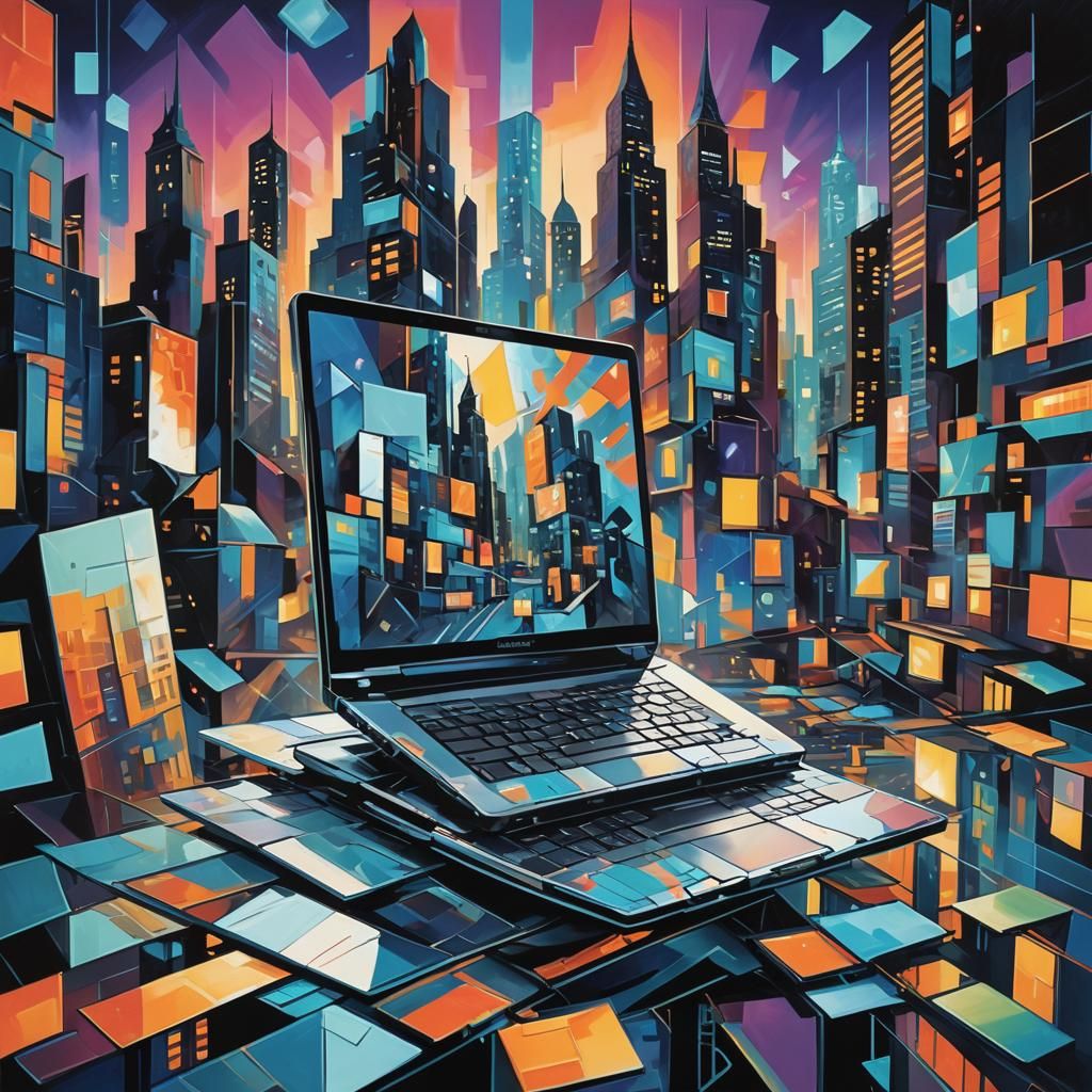 Futuristic Cubist Laptop in a Sci-Fi Cityscape