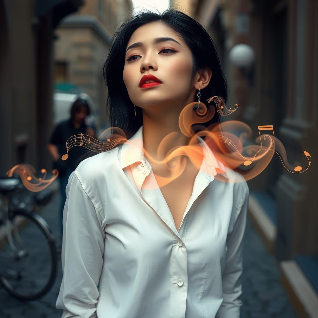 Surreal Woman in Serene Musical Reverie