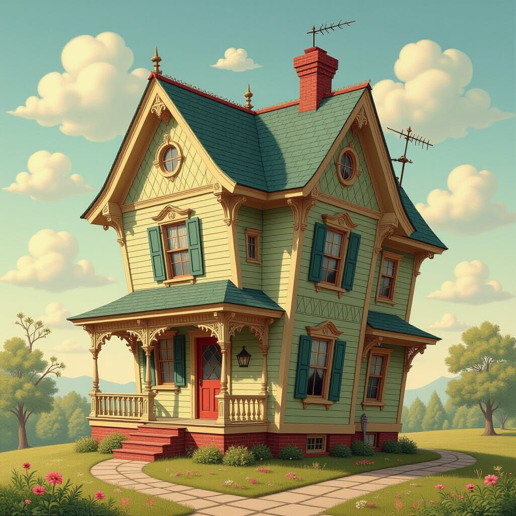 Dreamlike Catawampus House in Surreal Style