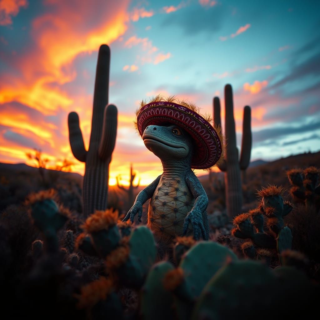 Gila Monster in Sombrero at Desert Sunset