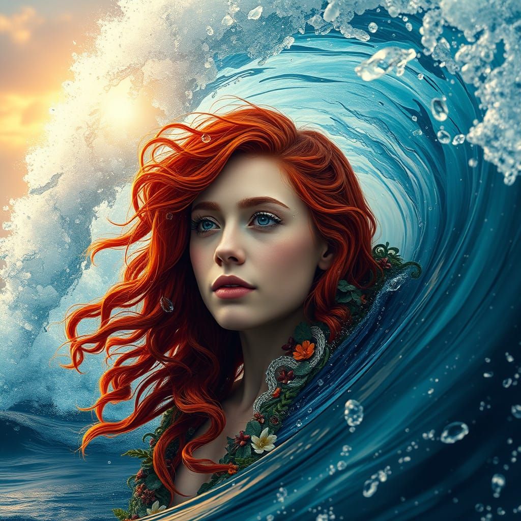 Woman Merging with Oceanic Entity in Vibrant, Hyperrealistic...