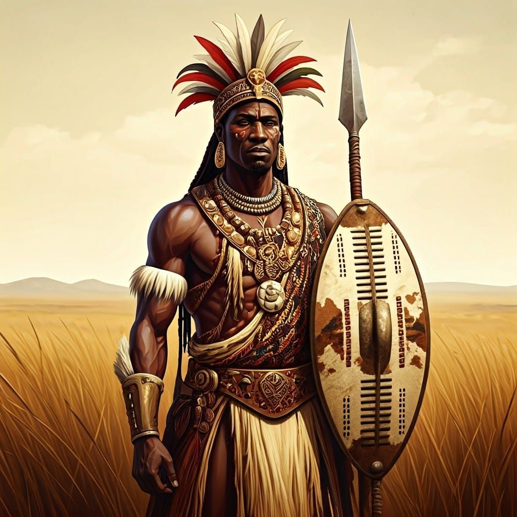 Regal Zulu Warrior in Traditional Attire with Cowhide Shield...