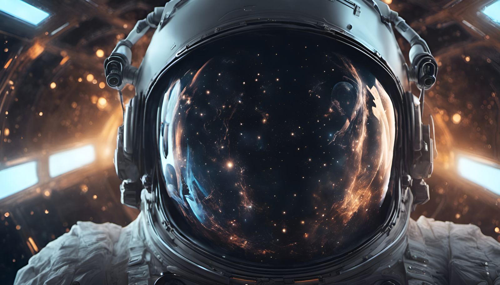 Astronaut Drifting in Space Reflecting a Black Hole
