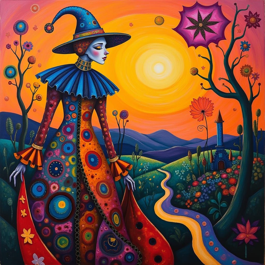 Harlequin in Dreamlike Landscape: A Modern Art Piece