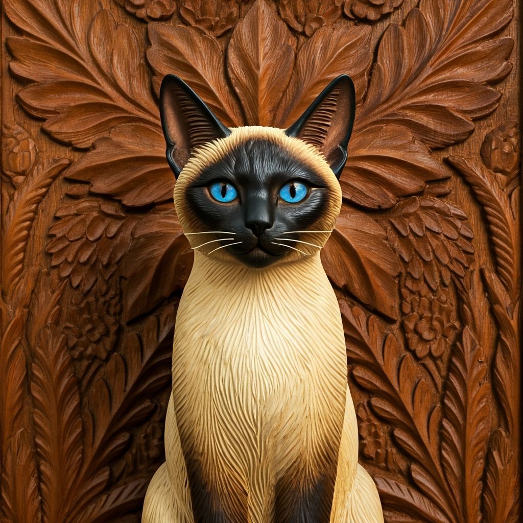 Elegant Wood Carved Siamese Cat Statue