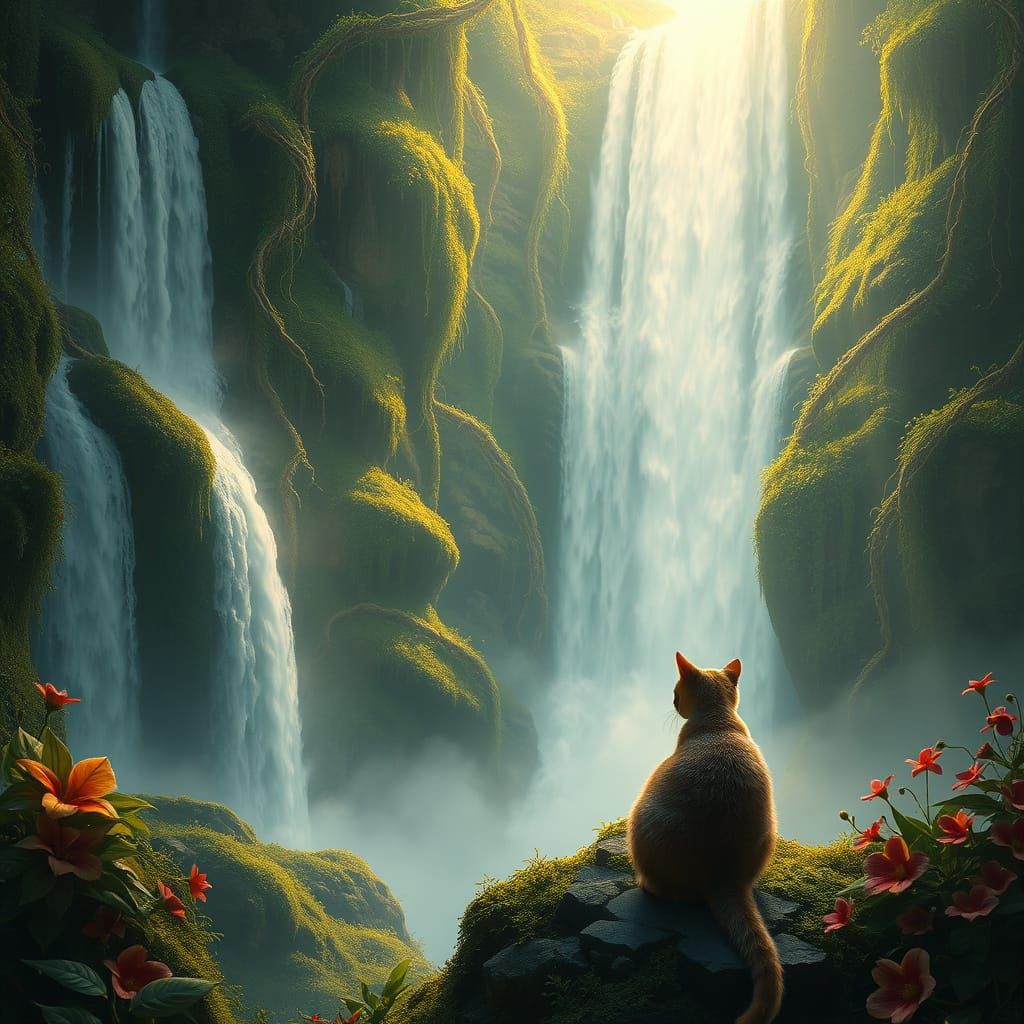 Majestic Waterfall with Serene Feline Companion