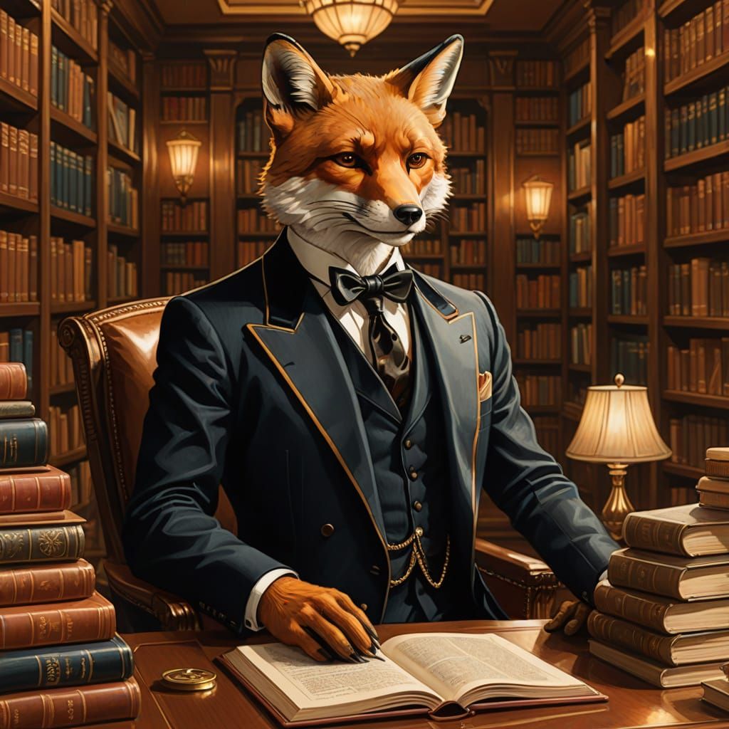 Dapper Fox Lounging in Art Deco Library