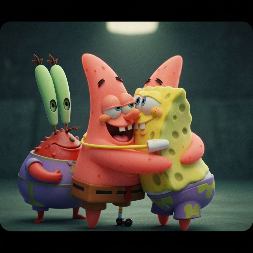 SpongeBob and Patrick Hugging with Mr. Krabs: Cinematic Film...