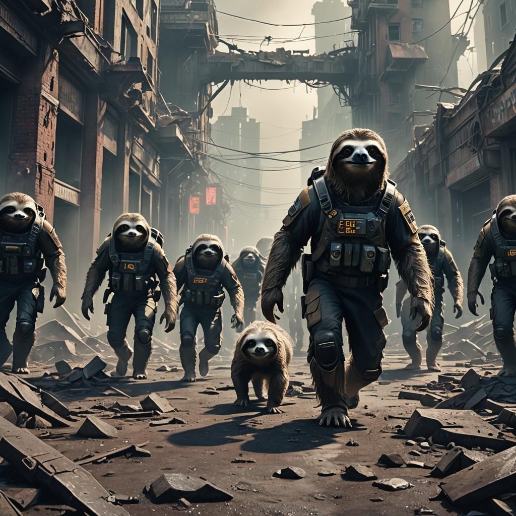 Sloth Army Marches Through Ruined Sci-Fi City