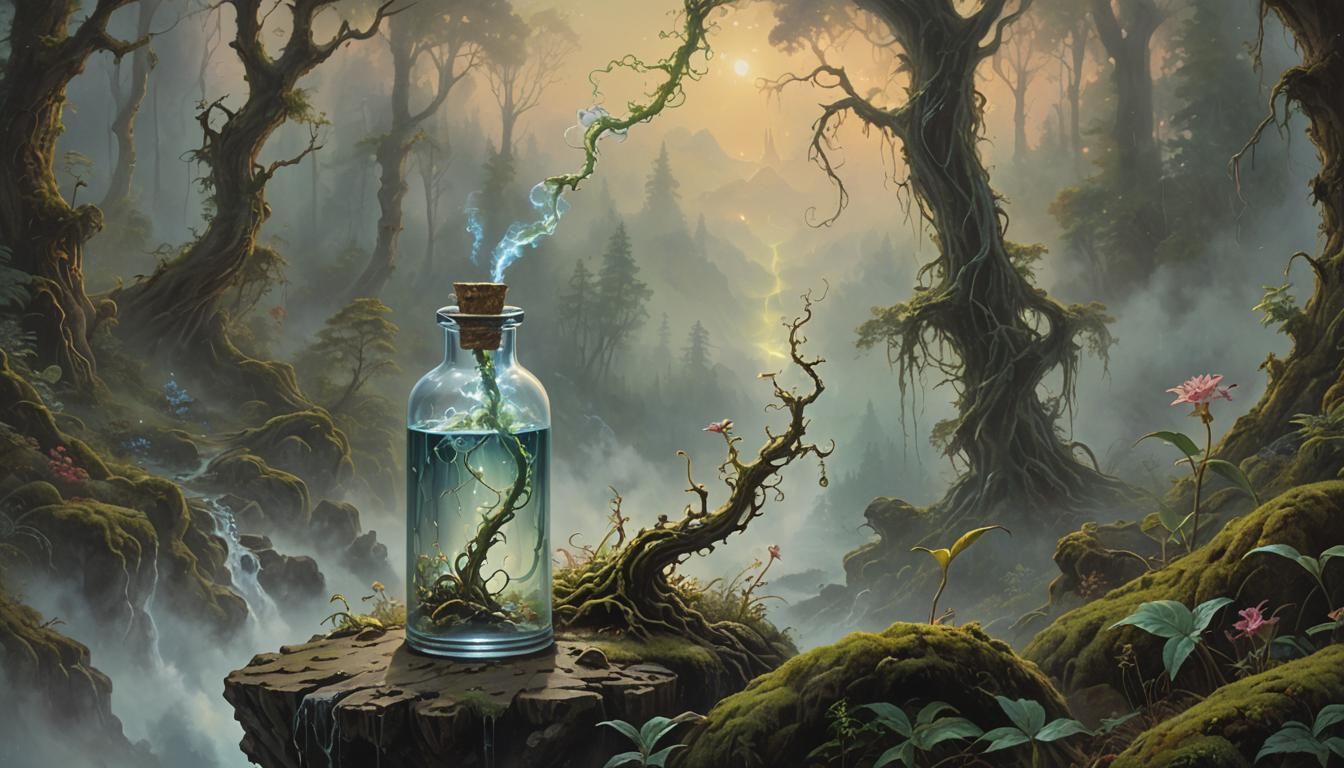 Mysterious Vial Emanating Ethereal Mist, Oil on Canvas