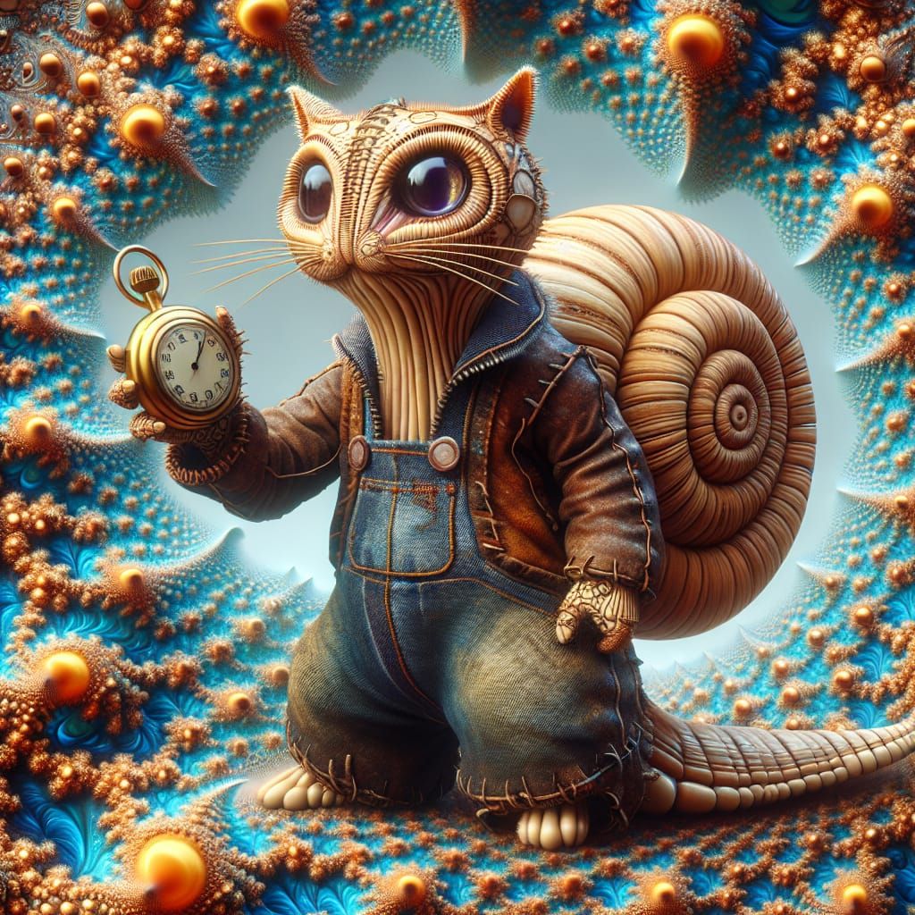 Whimsical Cat-Snail Hybrid in Hyper-Maximalist Bismuth Fract...