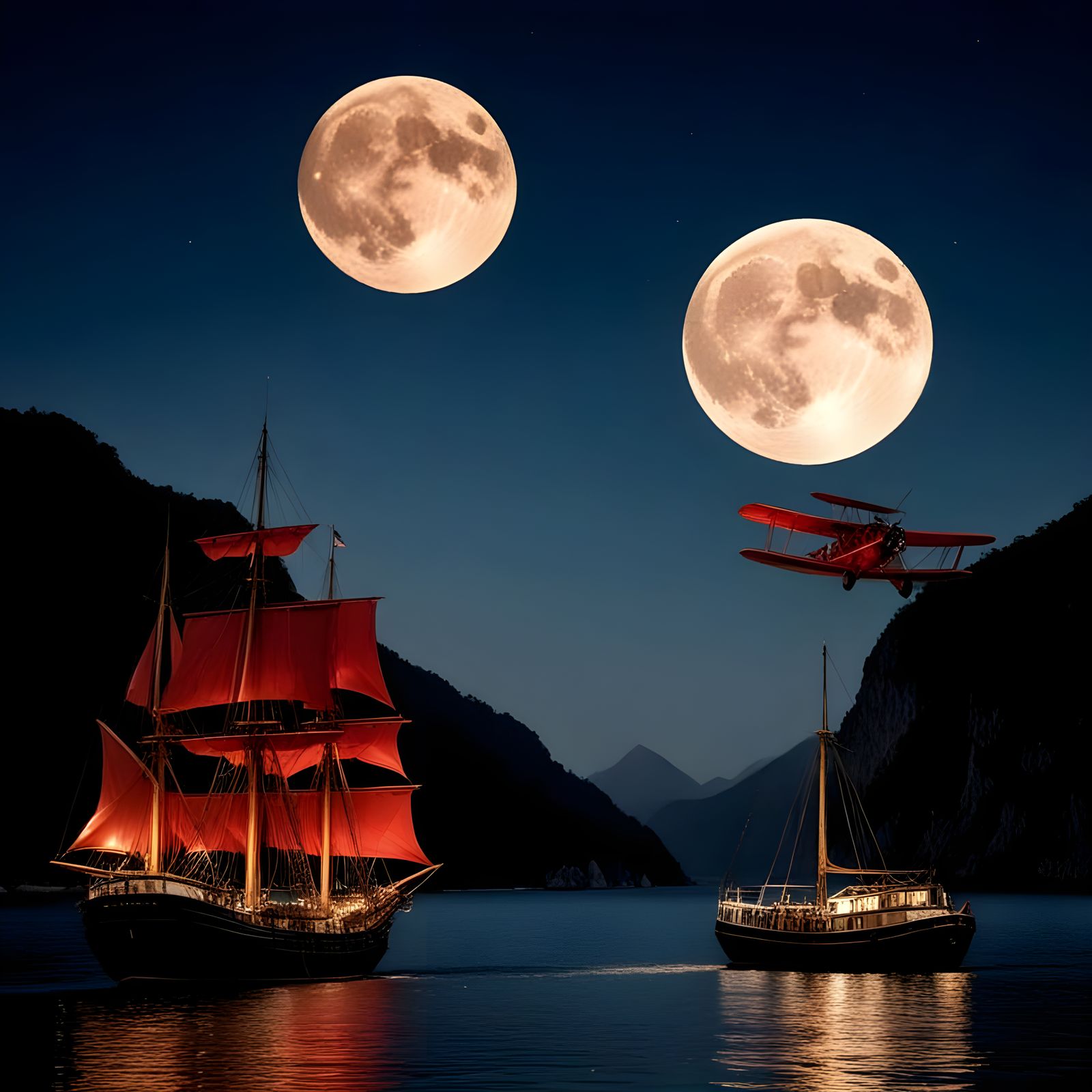A biplane flies over a tall ship under a full moon