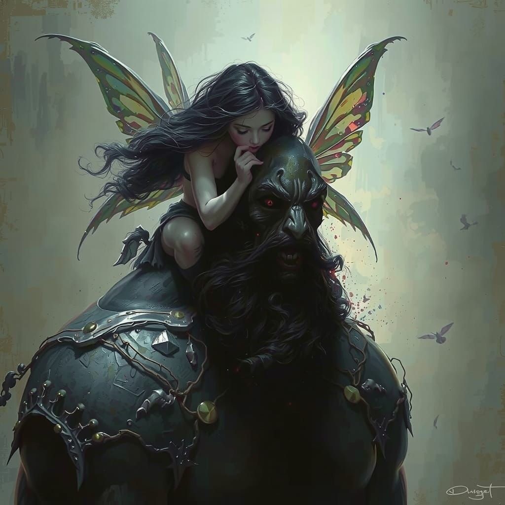 Fairy Comforting Giant in Horror Art Style