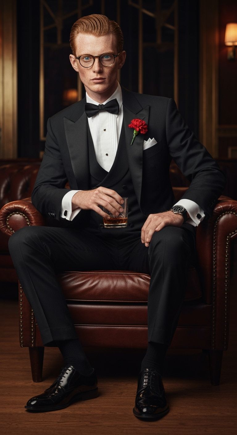 Man in Tuxedo Sits in Art Deco Lounge