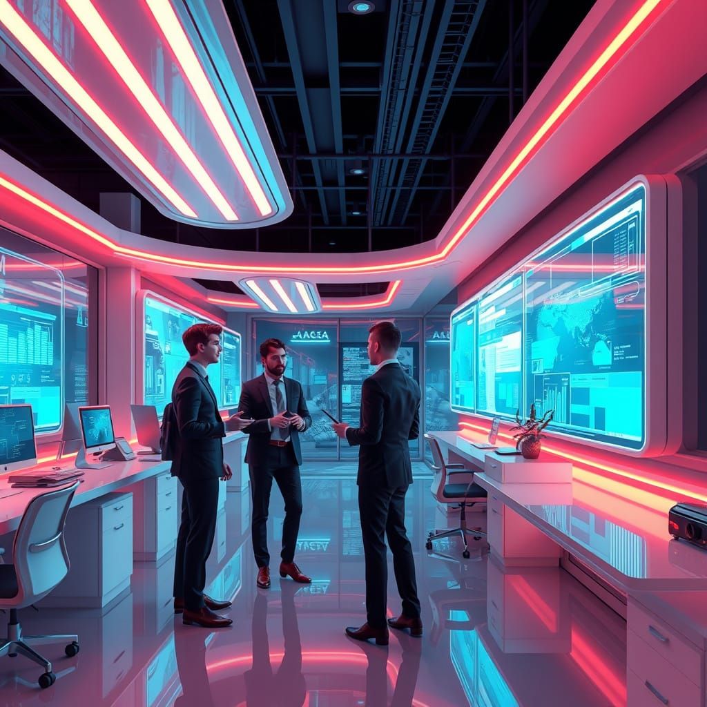 Cyberpunk Corporate Scene with Neon-Lit Interfaces