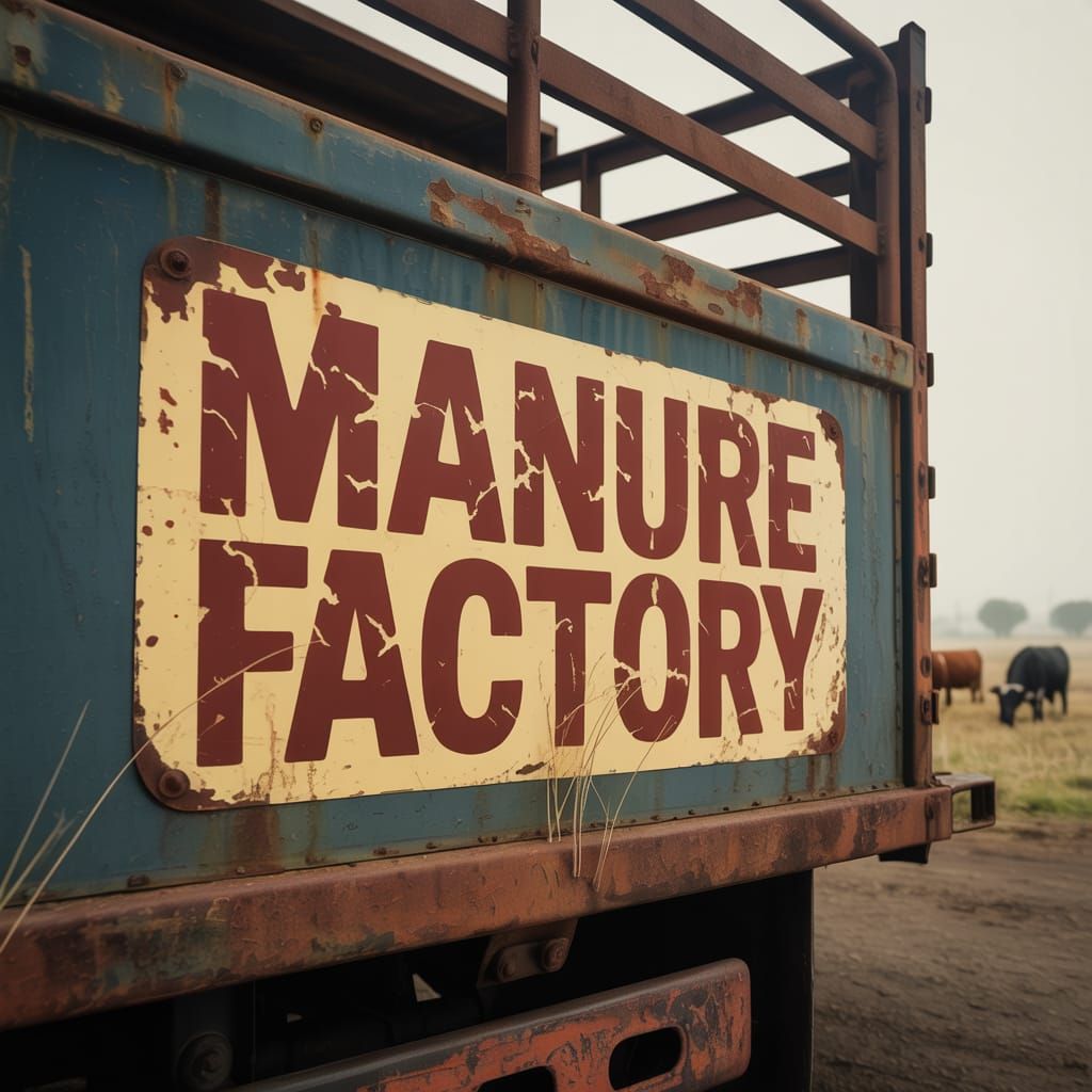 Weathered "Manure Factory" Bumper Sticker on Cattle Truck