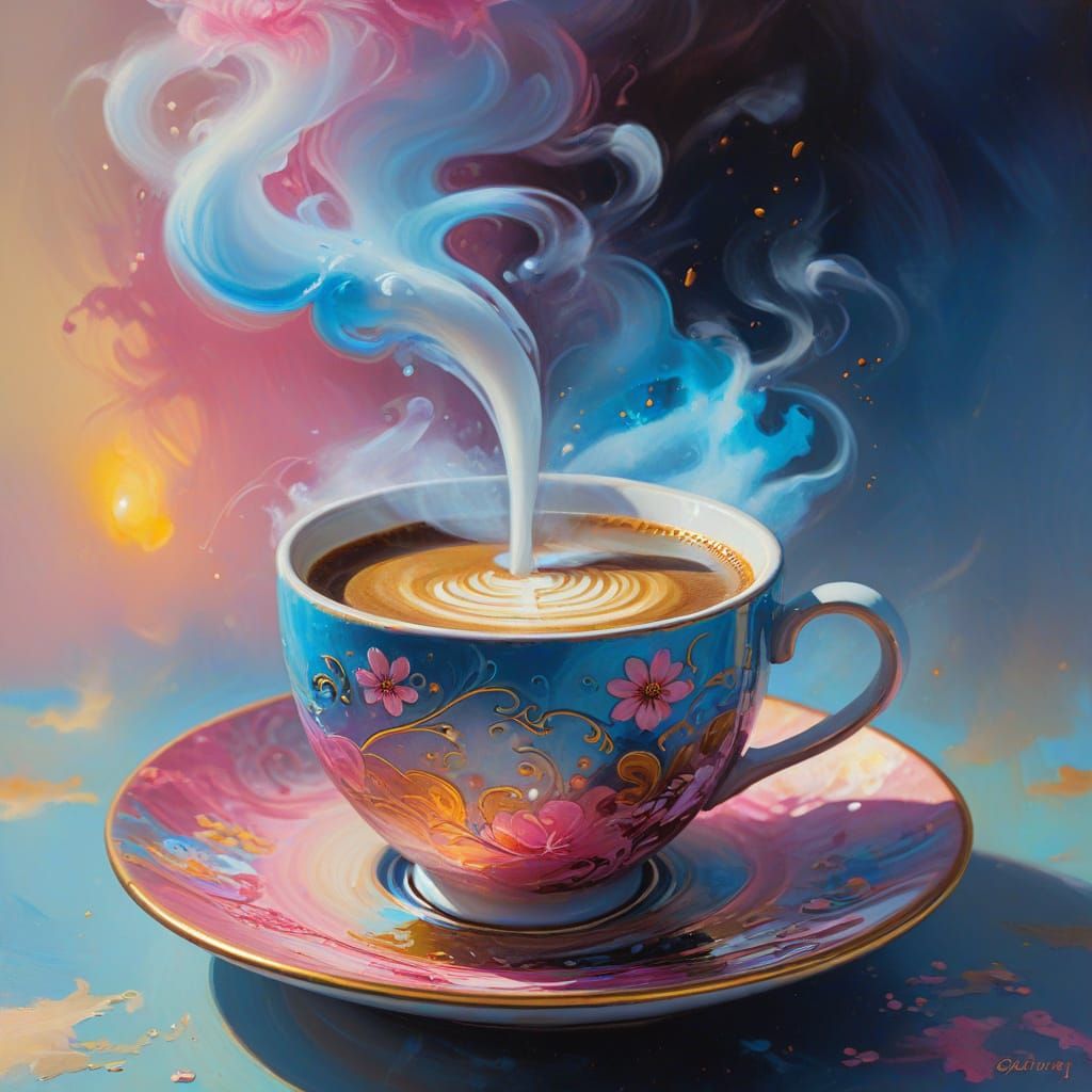 Coffee Cup Smoke with Chocolate Shores as Oil Painting